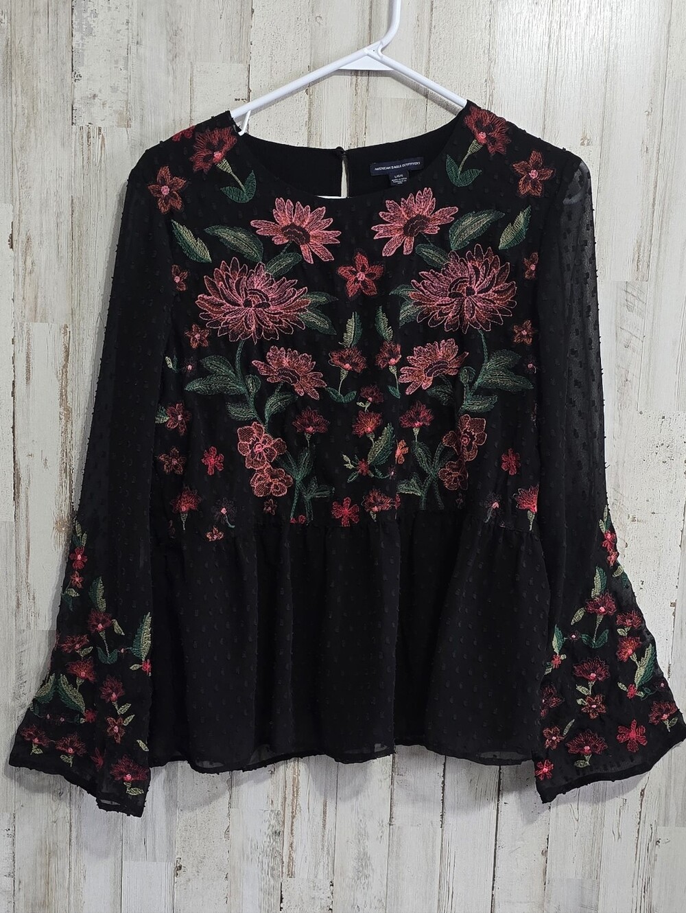 American Eagle Black Floral Embroidered Peplum Sheer Sleeve Blouse Size Large